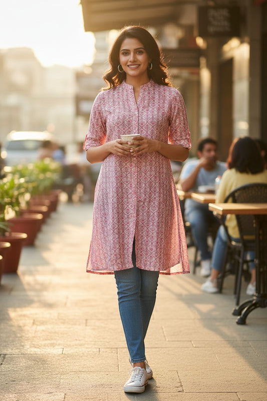 Naanu dusty pink georgette short kurti with geometric diamond lattice print, mandarin collar, and 3/4 roll-up sleeves.