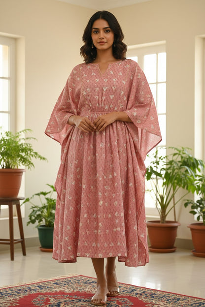 Naanu dusty rose and blush pink cotton kaftan kurta with white triangular booti print, bell sleeves, and smocked waist.