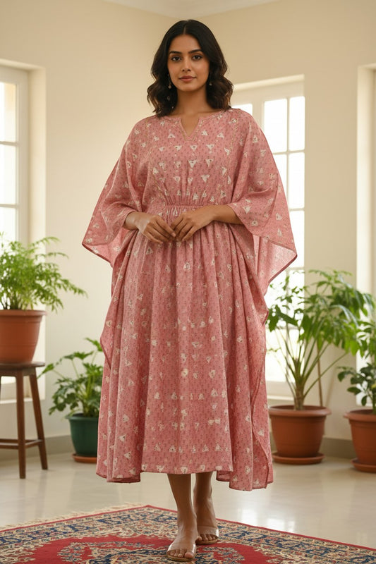 Naanu dusty rose and blush pink cotton kaftan kurta with white triangular booti print, bell sleeves, and smocked waist.