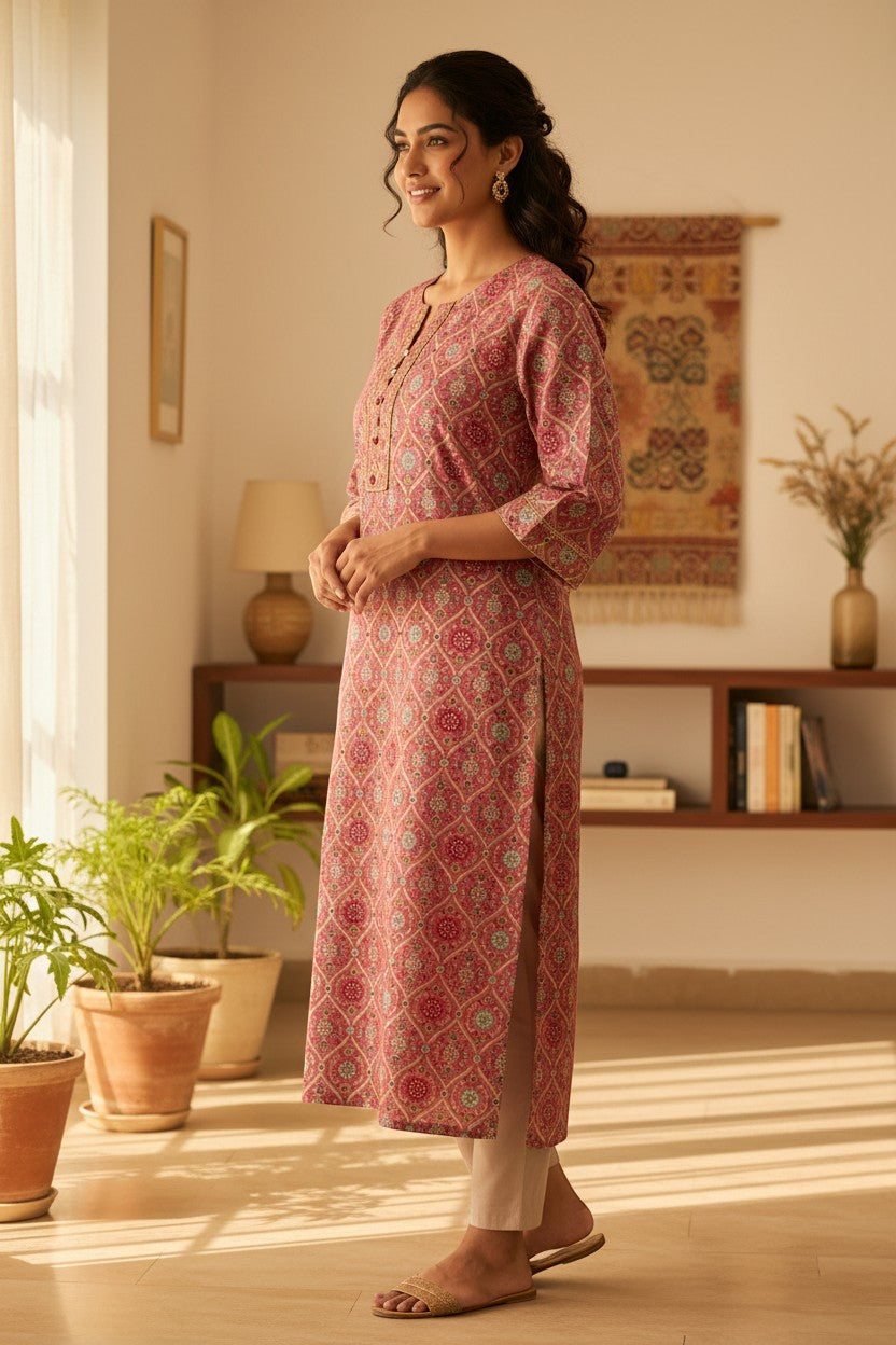 Naanu dusty rose and mauve pink cotton kurta with multicolor Mughal ogee trellis block print and gold zari neckline trim.