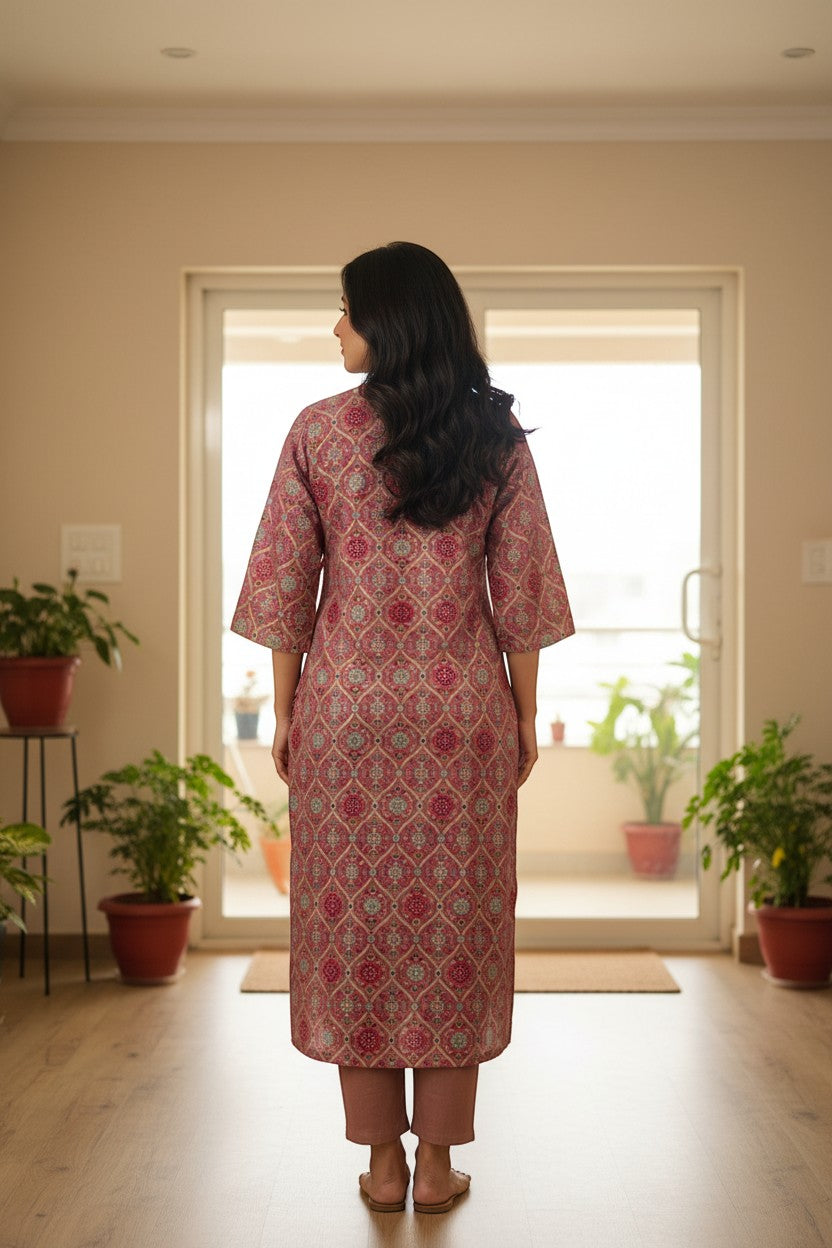 Naanu dusty rose and mauve pink cotton kurta with multicolor Mughal ogee trellis block print and gold zari neckline trim.