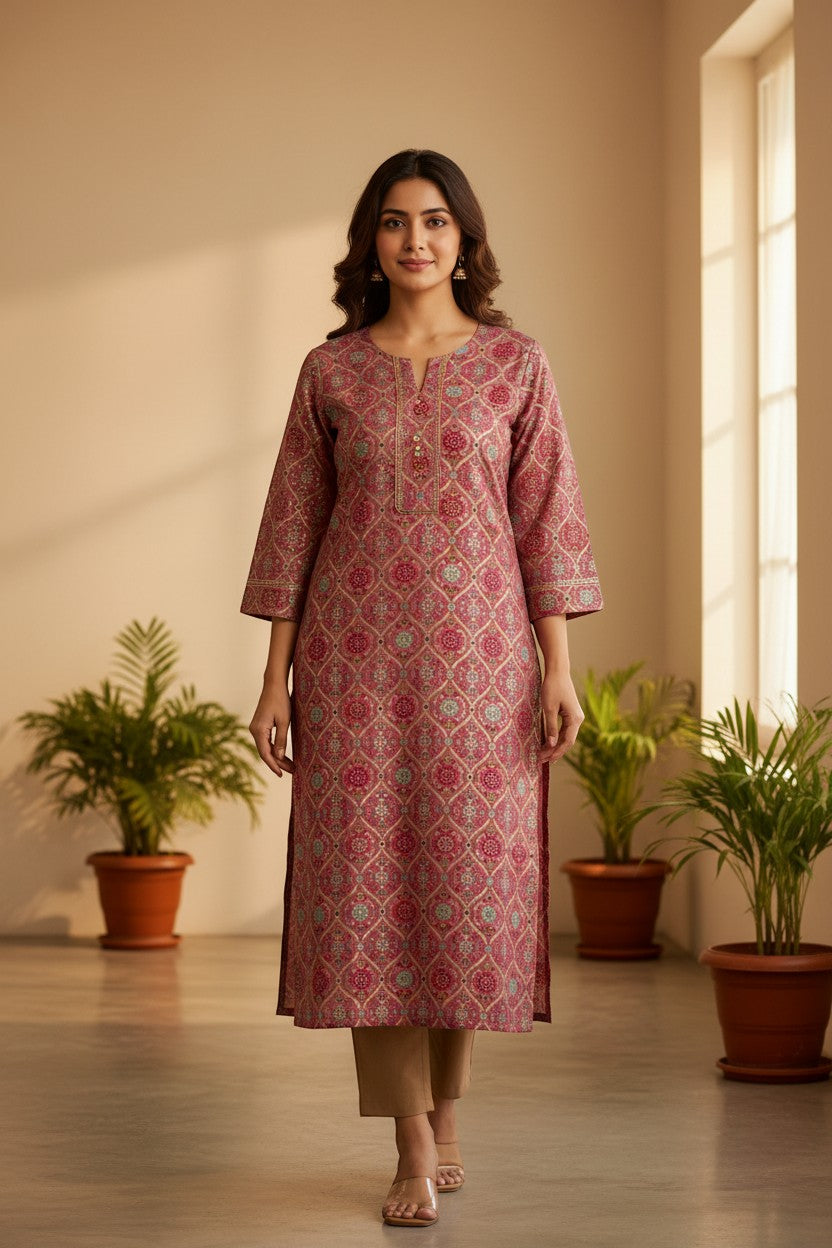 Naanu dusty rose and mauve pink cotton kurta with multicolor Mughal ogee trellis block print and gold zari neckline.