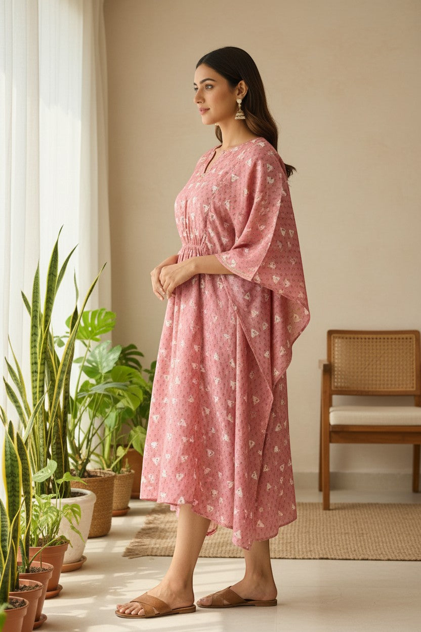 Naanu dusty rose pink cotton kaftan kurta with white triangular booti print, bell sleeves, and smocked waist.