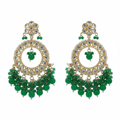 Naanu Emerald Green Kundan Chandbali Earrings with Jade Bead Fringe and white seed pearl border.