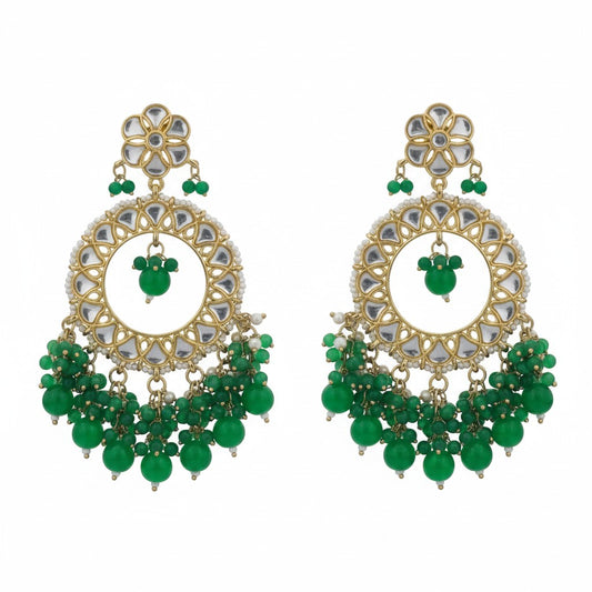 Naanu Emerald Green Kundan Chandbali Earrings with Jade Bead Fringe and white seed pearl border.
