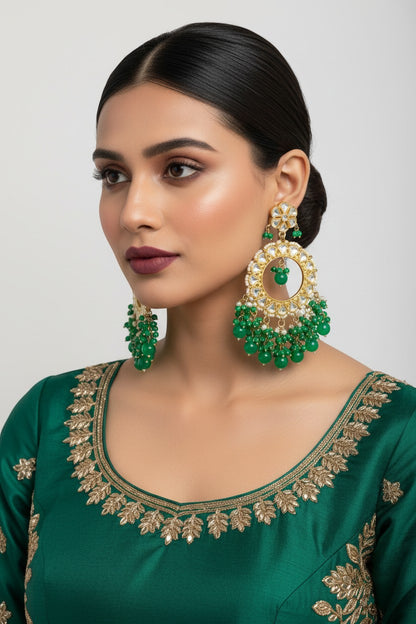 Naanu Emerald Green Kundan Chandbali Earrings with Jade Bead Fringe and white seed pearls. Festive ethnic jewellery.
