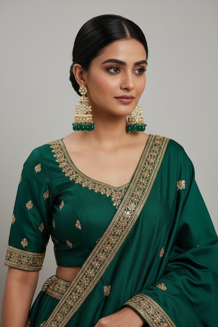Naanu Emerald Green Tiered Kundan Jhumka Earrings with floral pearl detailing and green bead drops.