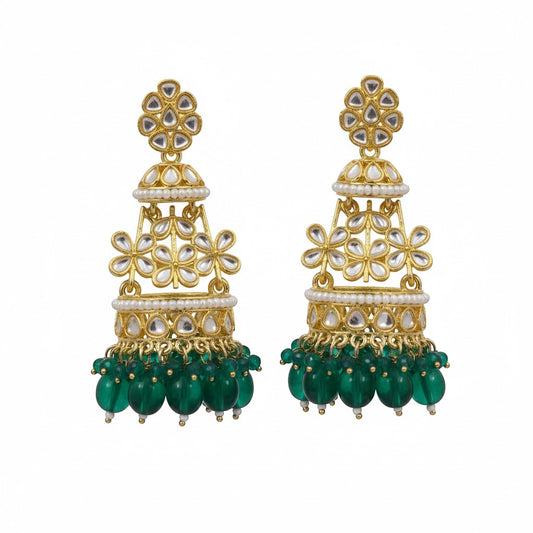 Naanu Emerald Green Tiered Kundan Jhumka Earrings with floral pearl detailing and green bead drops.