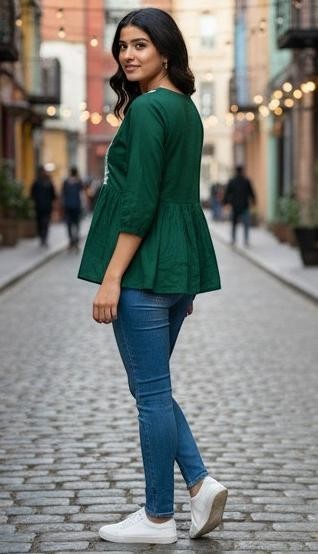 Naanu forest green cotton peplum top with white chikankari embroidery on yoke and 3/4 sleeves.