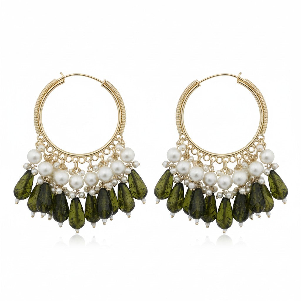 Naanu gold hoop earrings with pearl clusters and olive green crystal teardrop drops. Wire-wrapped coil hoop design.