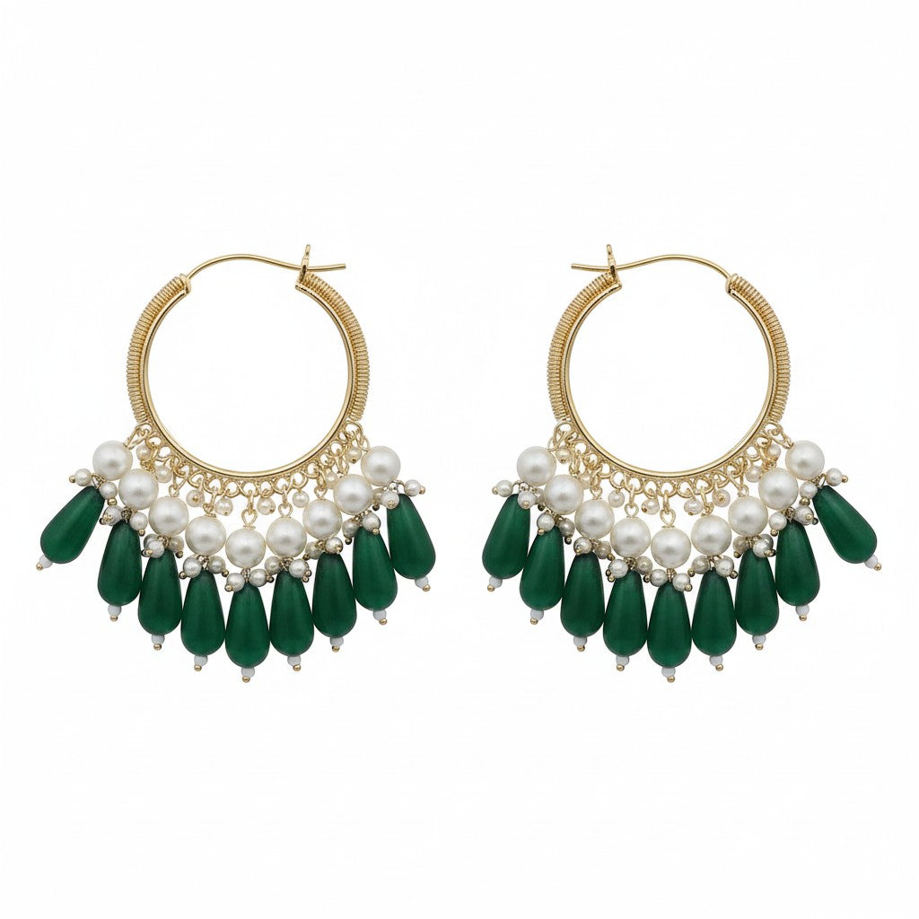 Naanu gold hoop earrings with pearl clusters and olive green crystal teardrop drops.