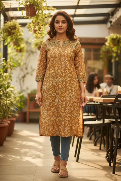 Naanu golden amber cotton midi kurti with cream jaal floral print and teal triangle yoke, full sleeves, V-neck.
