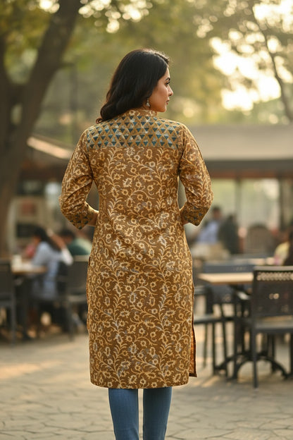 Naanu golden amber cotton midi kurti with cream jaal floral print and teal triangle yoke.