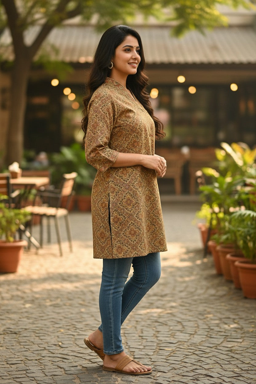 Naanu golden camel beige cotton kurti with all-over Ajrakh diamond lattice print, 3/4 sleeves, and gold zari V-neck.