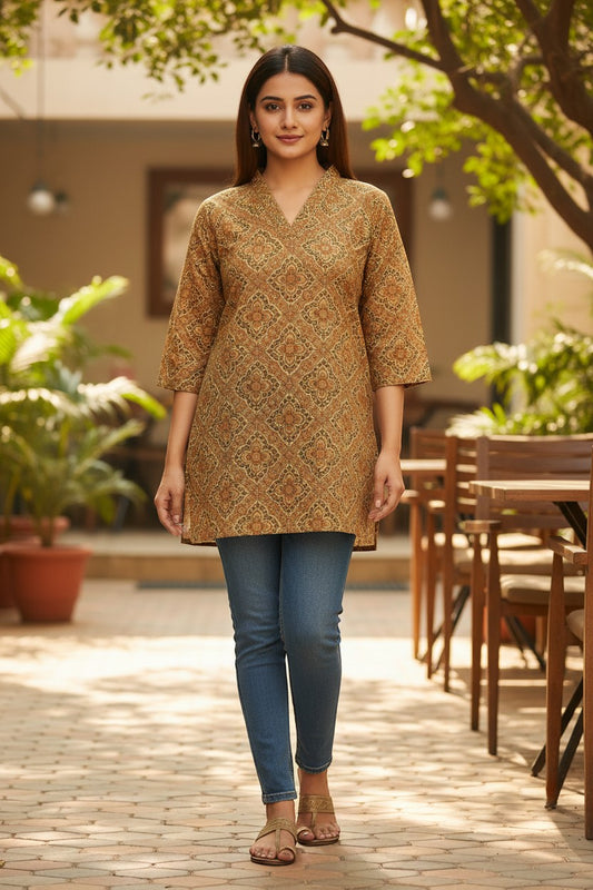 Naanu golden camel beige cotton kurti with all-over Ajrakh diamond lattice geometric print, 3/4 sleeves, and gold zari V-neck.