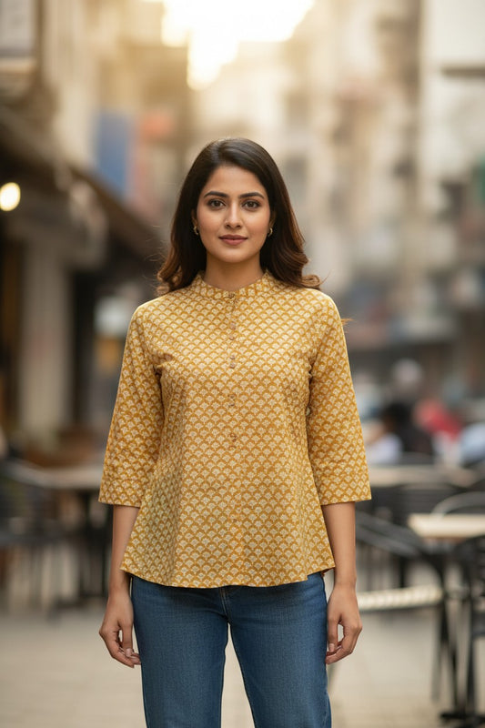 Naanu golden yellow cotton short top with white scallop fan print, mandarin collar, and 3/4 sleeves.