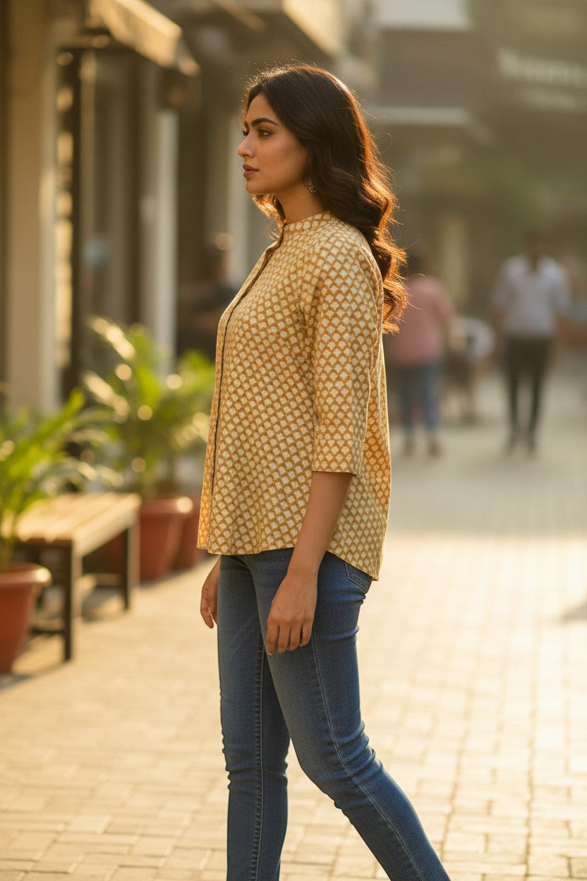 Naanu golden yellow cotton short top with white scallop fan print, mandarin collar, and 3/4 sleeves.