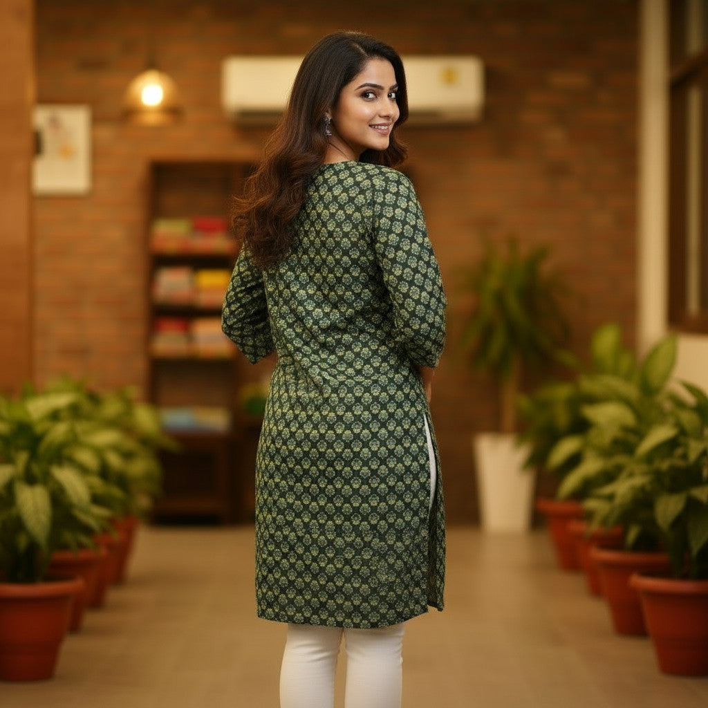 Naanu deep forest green cotton kurta with cream four-petal flower booti Dabu block print and 3/4 sleeves.