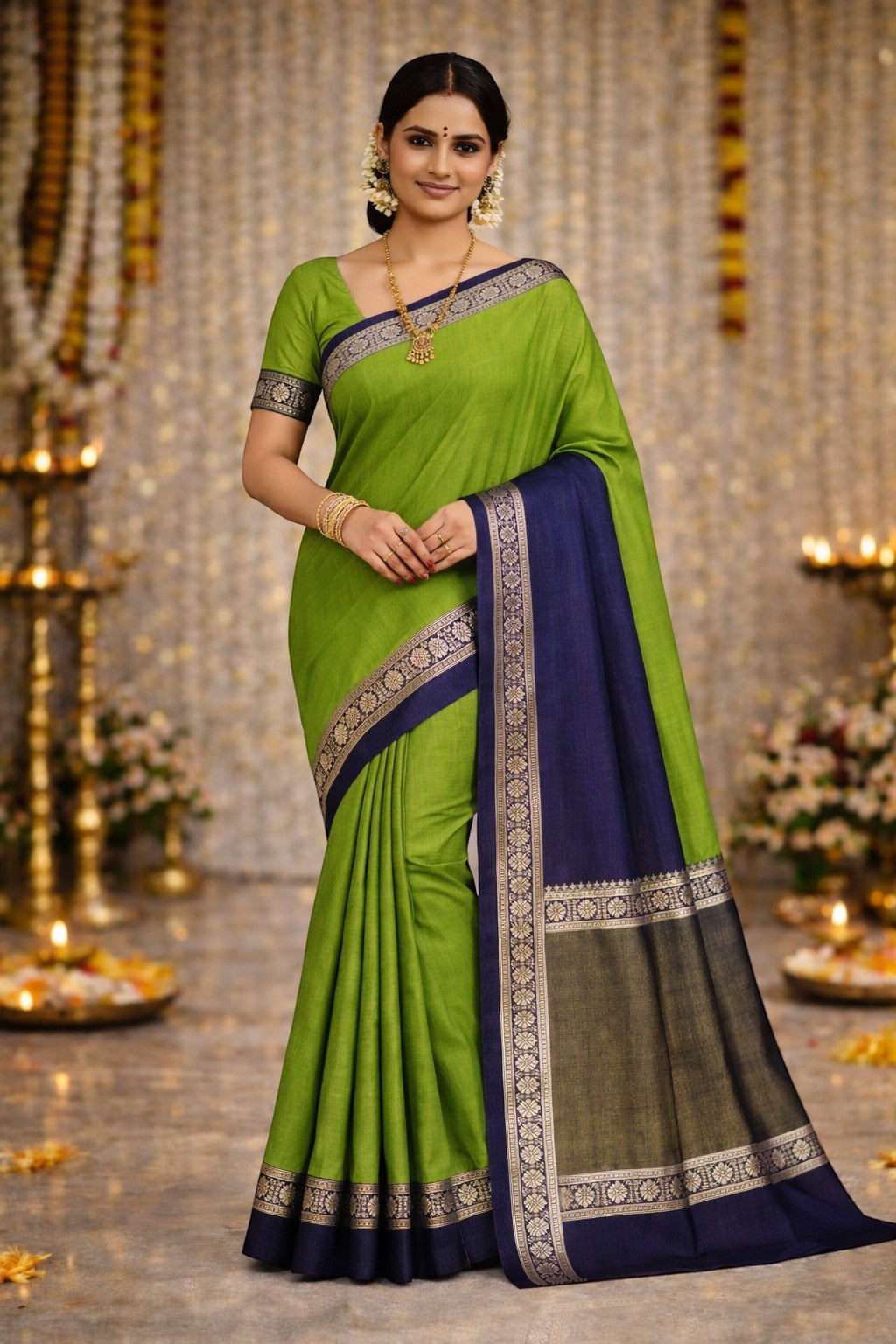 Naanu green Chanderi silk saree with navy blue contrast border and intricate motif detailing. Model wears traditional gold jewelry.