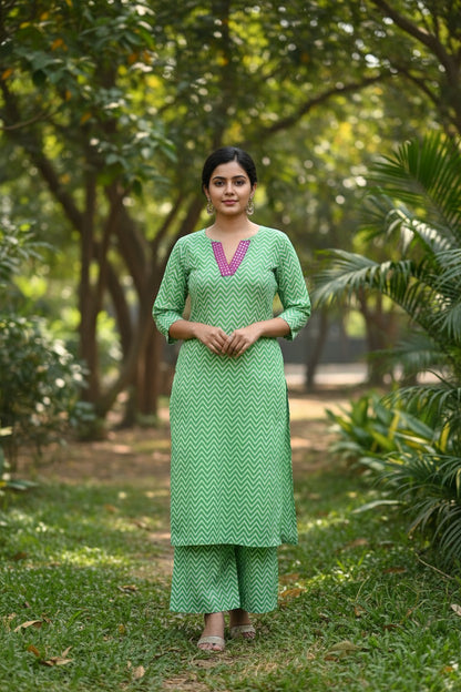 Naanu green & white chevron print straight kurta with pink embroidered V-neck and 3/4 sleeves, paired with matching pants.