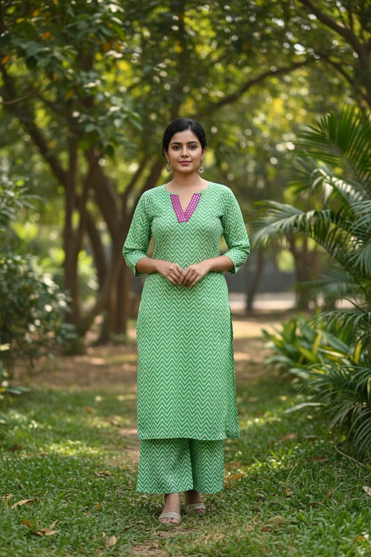 Naanu green & white chevron print straight kurta with pink embroidered V-neck and 3/4 sleeves, paired with matching pants.