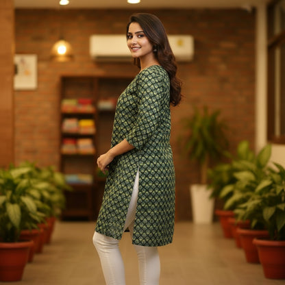 Naanu Deep Forest Green Dabu Block Print Cotton Kurta with cream four-petal flower motifs, 3/4 sleeves, and boat neck.