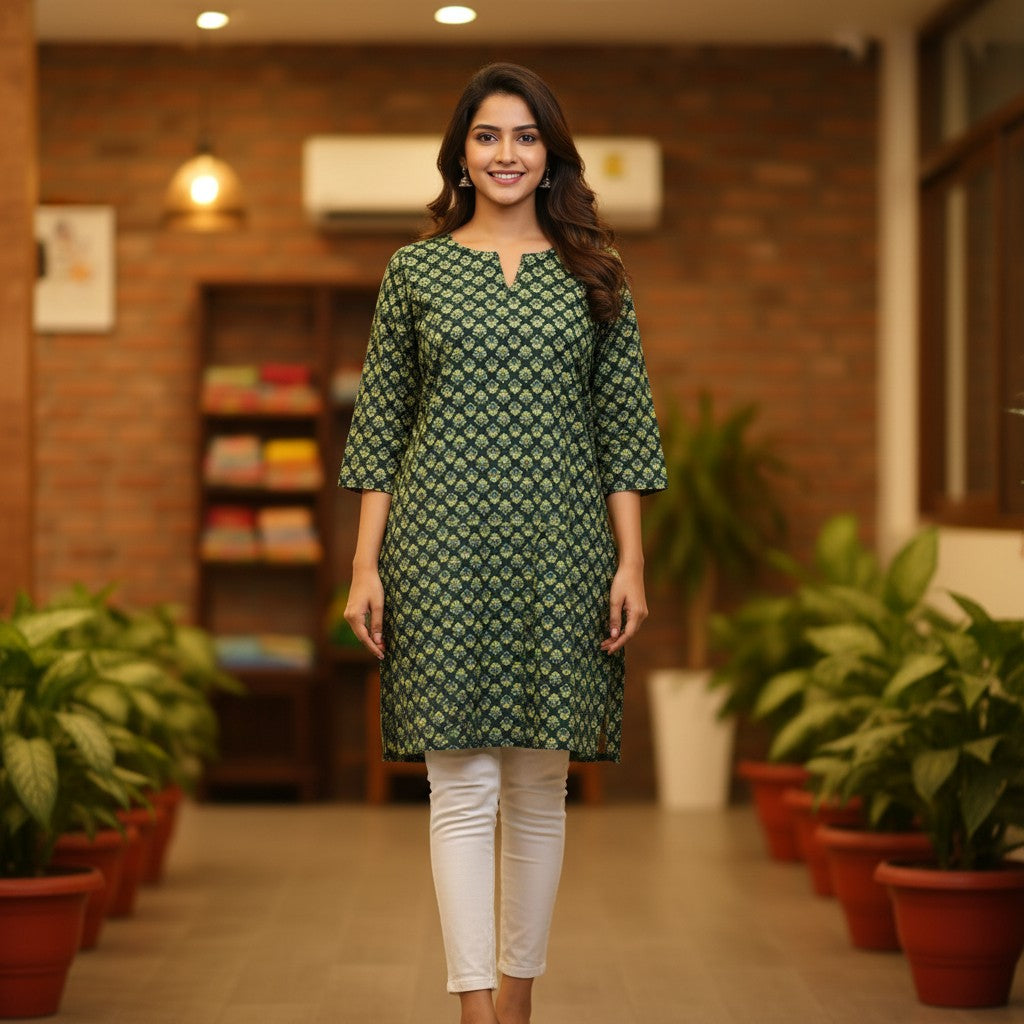 Naanu deep forest green cotton kurta with cream four-petal flower Dabu block print and 3/4 sleeves.