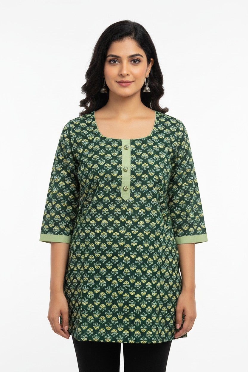 Naanu dark green cotton kurta with white floral block print, square neck, and 3/4 sleeves.