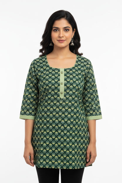 Naanu dark green cotton kurta with white floral block print, square neck, and 3/4 sleeves.