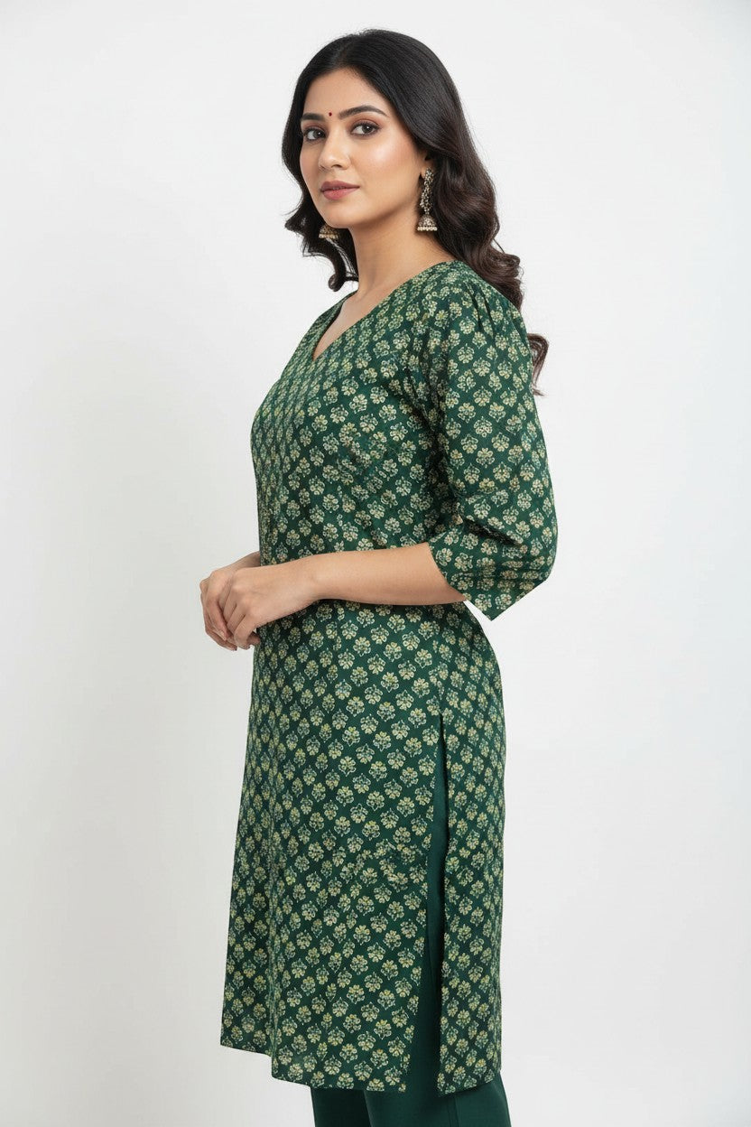 Naanu dark green cotton kurta with white floral block print and 3/4th sleeves, V-neckline.