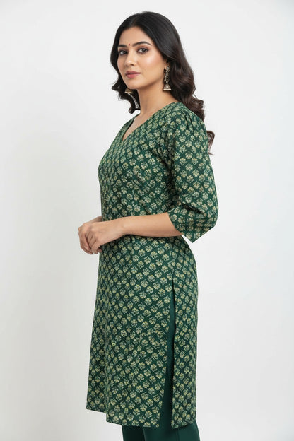 Naanu dark green cotton kurta with white floral block print and 3/4th sleeves, V-neckline.