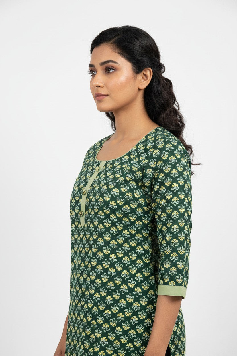 Naanu dark green cotton kurta with white floral block print, square neck, and 3/4 sleeves.