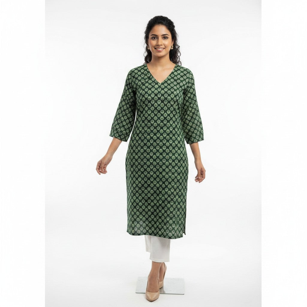 Naanu dark green cotton kurta with white floral block print, V-neck, and puffed sleeves. Model wears white pants.