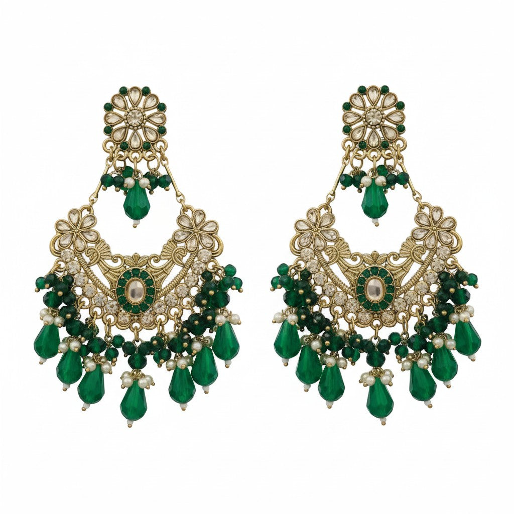 Naanu antique gold chandbali earrings with green kundan polki floral stud and crystal drops