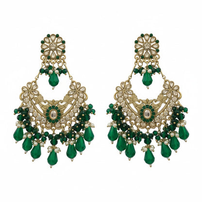 Naanu antique gold chandbali earrings with green kundan polki floral stud and crystal drops