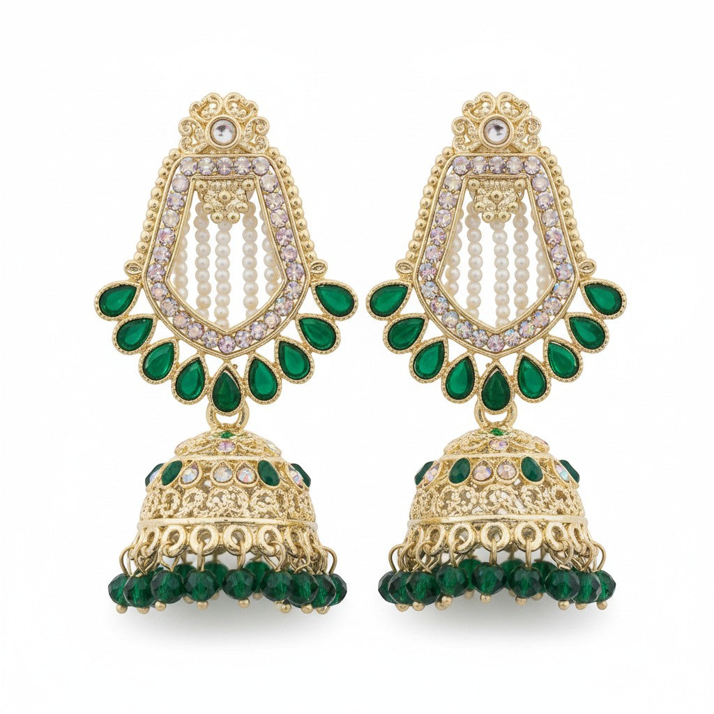 Naanu gold-tone chandbali jhumka earrings with green kundan stones and pearl drops.