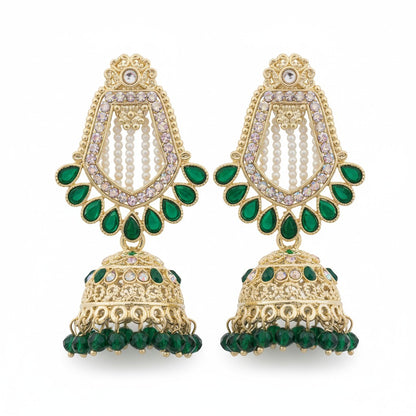 Naanu gold-tone chandbali jhumka earrings with green kundan stones and pearl drops.