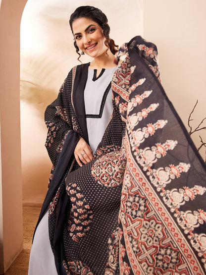 Naanu grey rayon straight kurta set with black contrast border and printed dupatta.