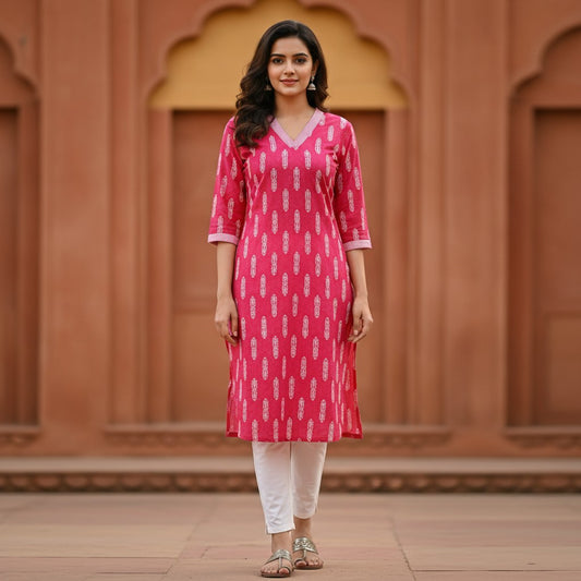 Naanu hot pink fuchsia cotton kurta with white oval capsule block print, V-neckline, and 3/4 sleeves.
