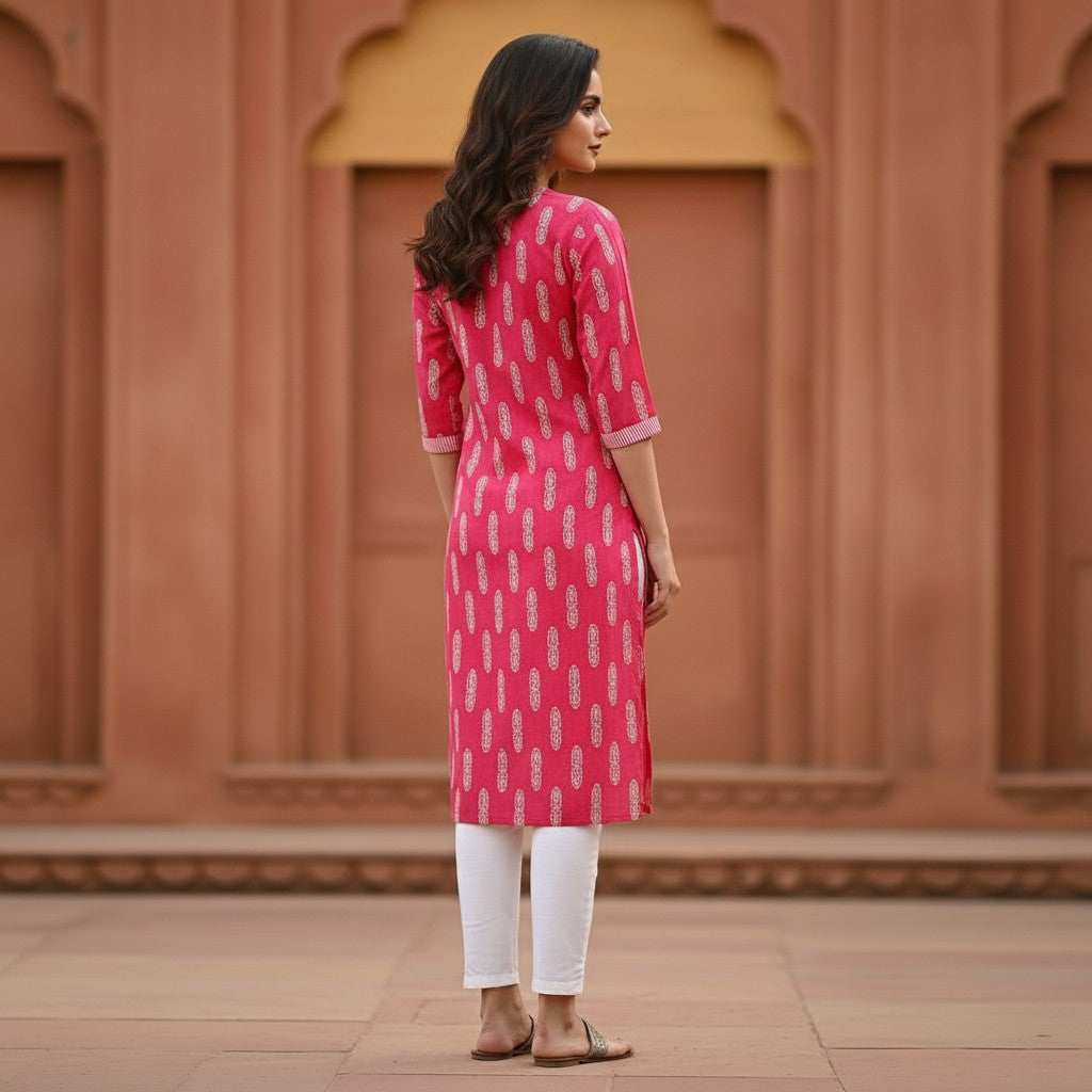 Naanu hot pink fuchsia cotton kurta with white oval capsule block print, V-neckline, and 3/4 sleeves.
