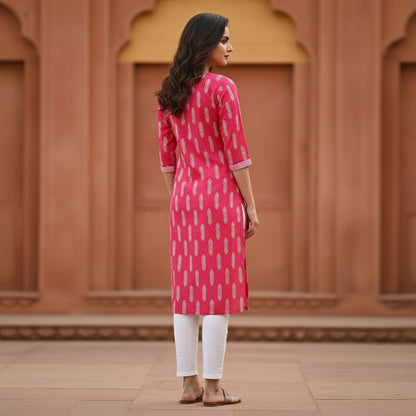 Naanu hot pink fuchsia cotton kurta with white oval capsule block print, V-neckline, and 3/4 sleeves.