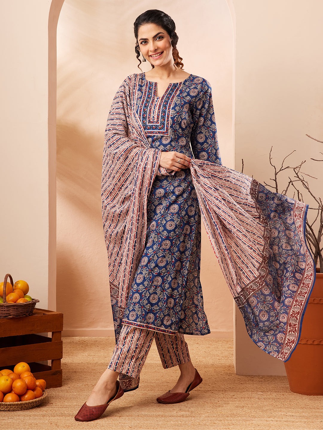 Naanu Indigo blue cotton 3-piece kurta, pants, and dupatta set with Ajrakh block print.