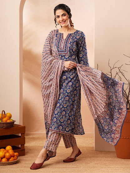 Naanu Indigo blue cotton 3-piece kurta, pants, and dupatta set with Ajrakh block print.