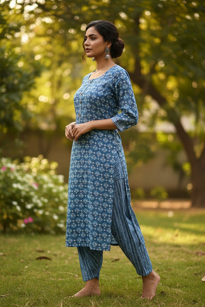Naanu indigo blue dabu block print kurta with wooden buttons and matching harem pants set. Model wears the outfit outdoors.