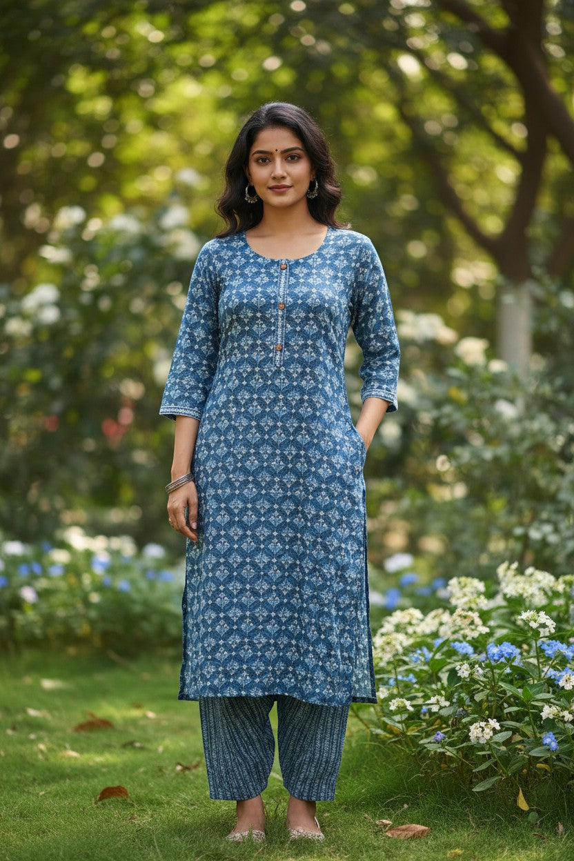 Naanu indigo blue dabu block print kurta with wooden buttons and harem pants. Features 3/4 sleeves and square neckline.