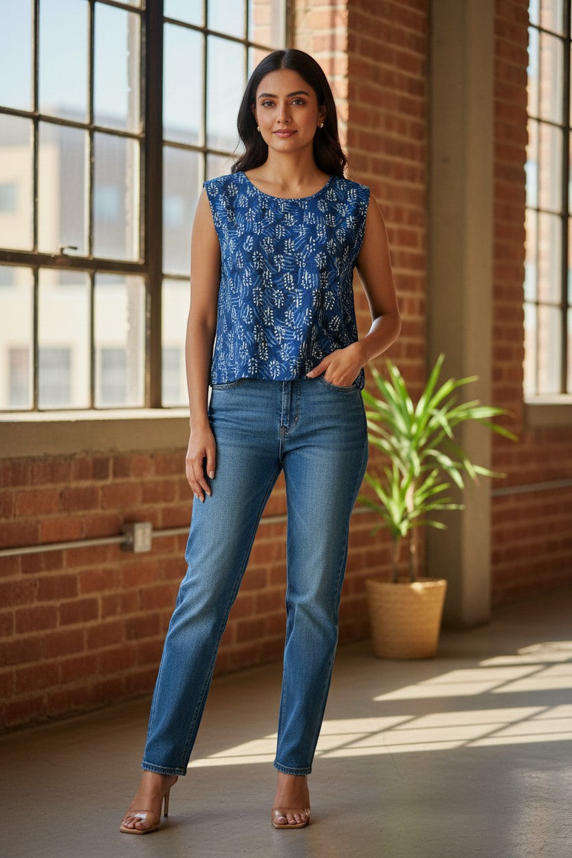Naanu indigo blue 100% cotton sleeveless boxy crop top with white floral and leaf dabu print, round neck.