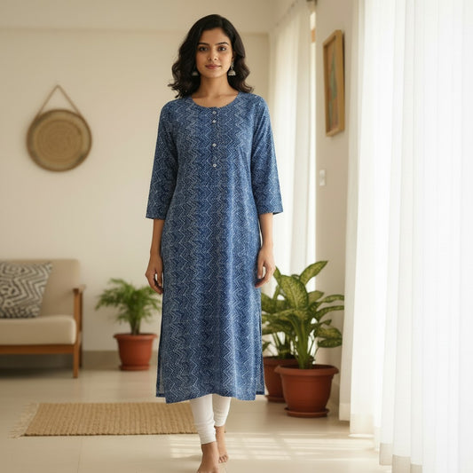 Naanu indigo blue and white cotton kurta with zigzag bandhani print, round neck, silver buttons, and full sleeves.