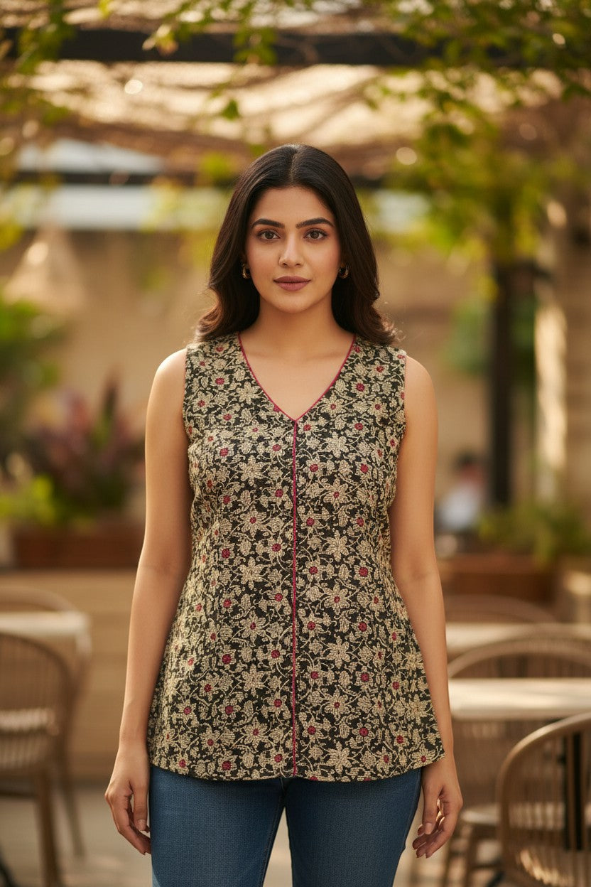Naanu dark olive black cotton top with cream gold jasmine floral print and magenta piping. Sleeveless V-neck short top.
