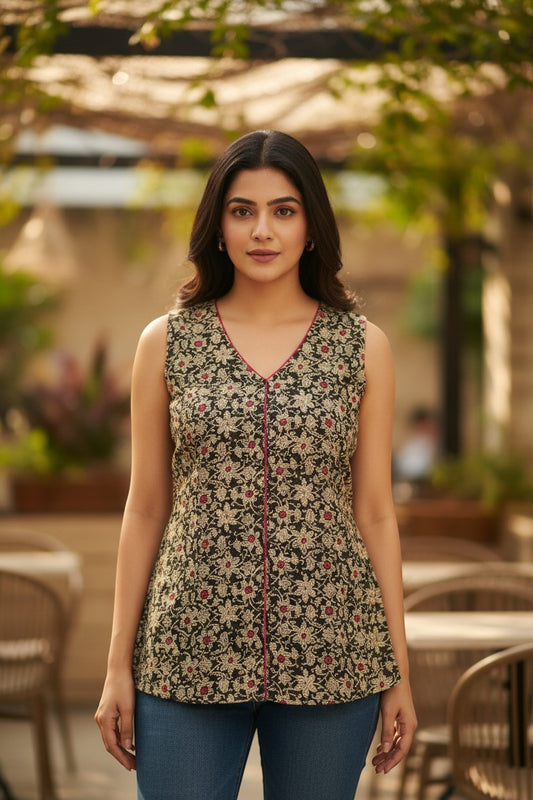 Naanu dark olive black cotton top with cream gold jasmine floral print and magenta piping. Sleeveless V-neck short top.