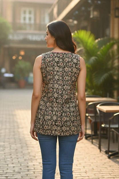 Naanu dark olive black cotton top with cream gold jasmine floral print and magenta piping. Sleeveless, short, straight fit.